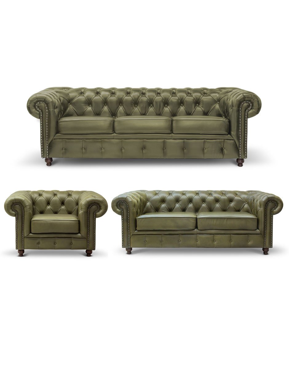 Sala 3-2-1 Chesterfield Verde Musgo 100% Piel Genuina Anilina