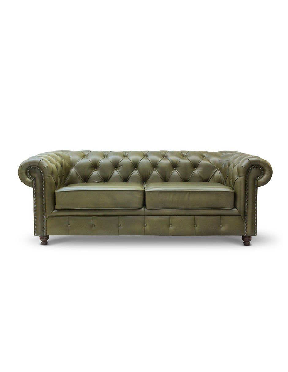 Sofá Medio Chesterfield Verde Musgo 100% Piel Genuina Anilina